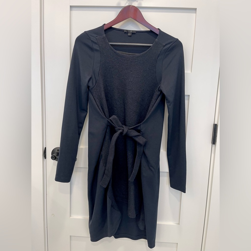 COS black dress, mixed media, tie front S